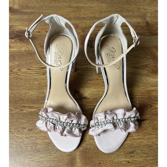 Jewel Badgley Mischka Deva Ruffle High Block Heel Pale Pink Size 6.5 - Picture 1 of 6